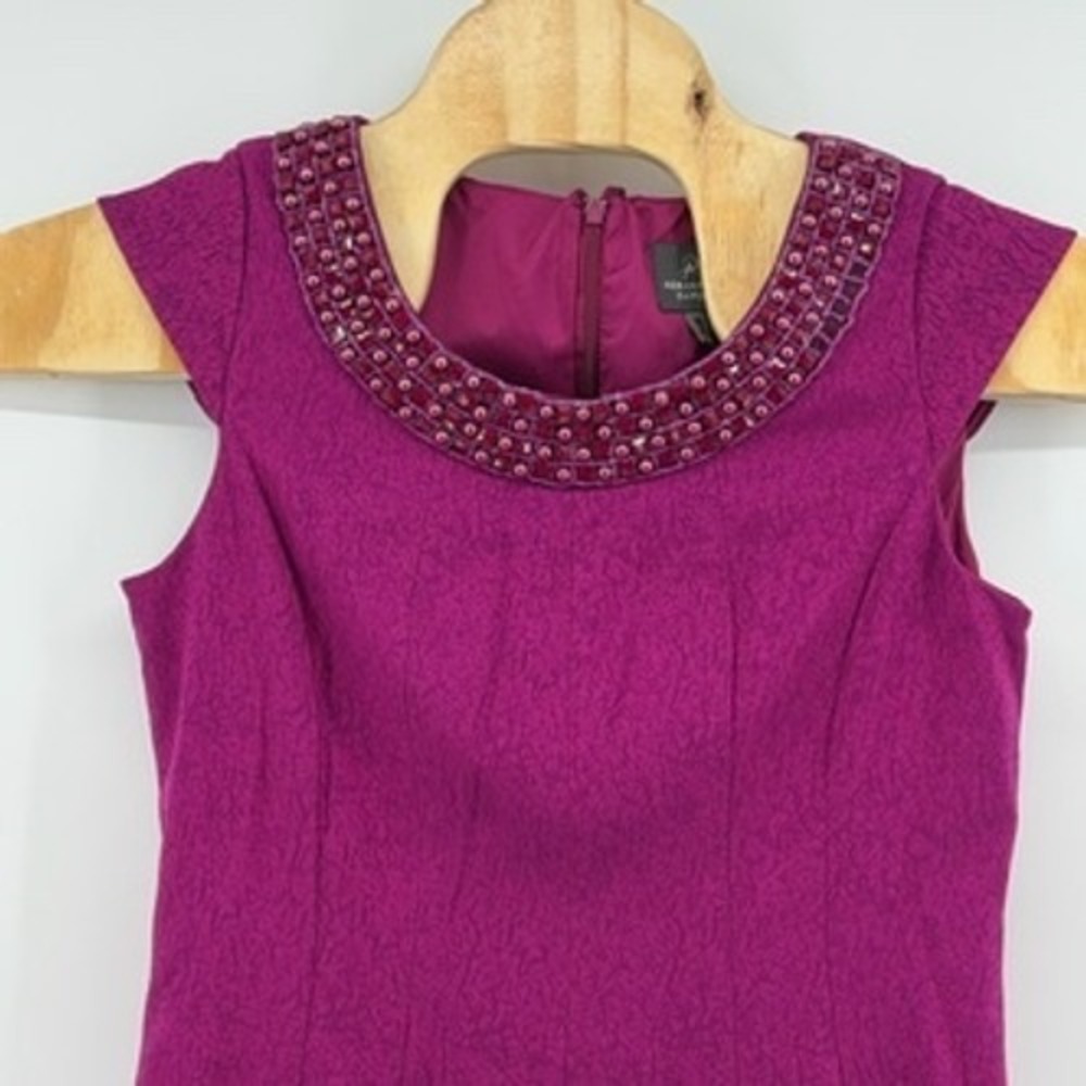 Adrianna Papell Beaded Neck Sheath Dress Fuschia Cap Sleeve Zipper Closure US 12 - Picture 2 of 9